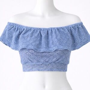 NWT NIGHTCAP CLOTHING Blue Eyelet Lace Crochet Off shoulder crop top Size XS